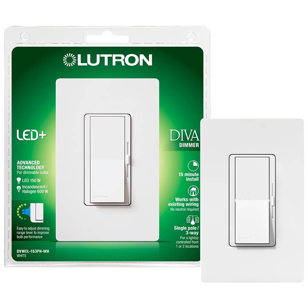 Lutron Diva Single-pole/3-way LED Rocker Light Dimmer Switch with Wall Plate, White | DVWCL-153PH-WH