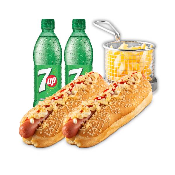 2 Hot Dog De Res Estandar + 2 7Up 400 Ml + Papas Fritas