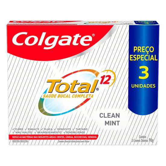 Colgate kit creme dental total 12 clean mint (3 un, 90 g)