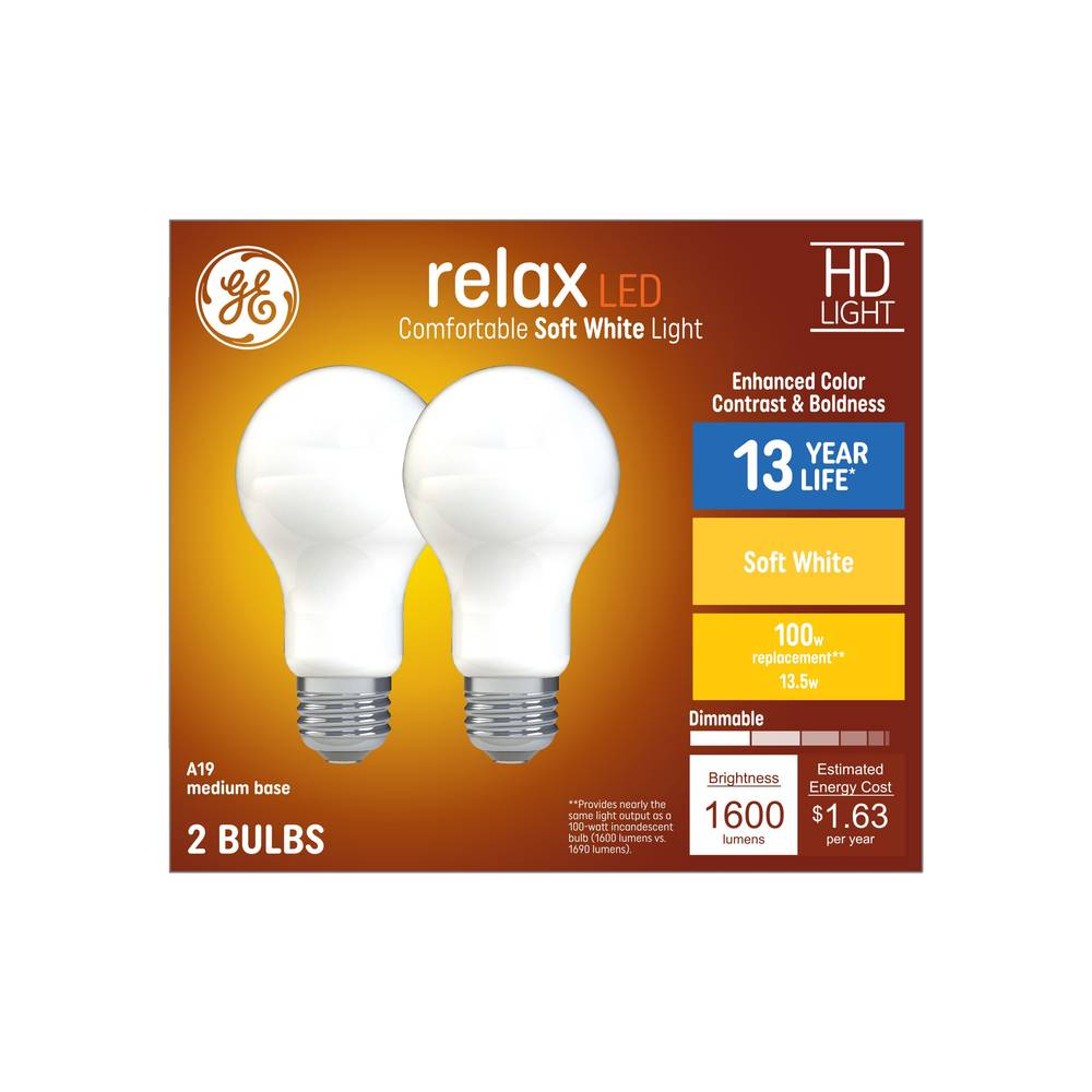 GE Relax HD 100-Watt EQ A19 Soft White Medium Base (e-26) Dimmable LED General Purpose Light Bulb (2-Pack) | 93129474