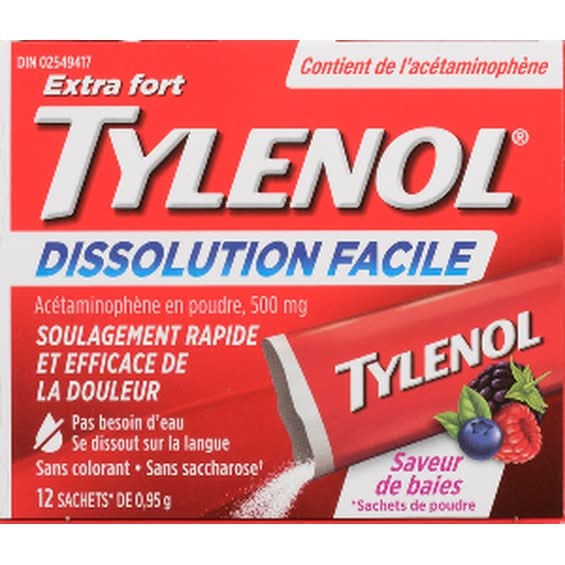 Tylenol Extra Strength Easy Dissolve Acetaminophen Powder 500 mg Sachets, Berry (11.4 g, 12 ct)
