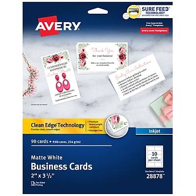 Avery Two-Side Printable Clean Edge Business Cards For Inkjet Printers 28878, White, Matte, pack Of 90
