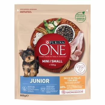 Pienso de pollo y arroz para perro Junior Mini Purina One 800 g.