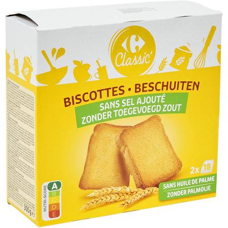 Biscottes sans sel ajouté Carrefour Classic' - le paquet de 300g