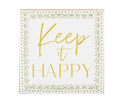 "Keep It Happy" White & Green Mixed Pattern Embellished Box Plaque