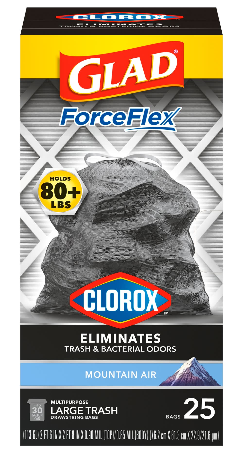 Glad Clorox Heavy Duty Forceflex Trash Bags 30 Gal, Mountain Air, L (25 ct)