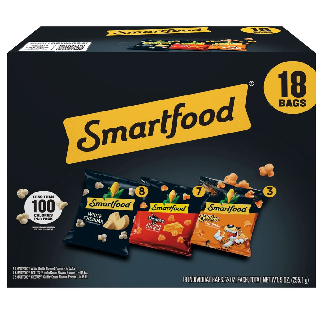 Smartfood Popcorn Variety pack, White Cheddar-Nacho Cheese-Cheddar Cheese (18 x 0.5 oz)