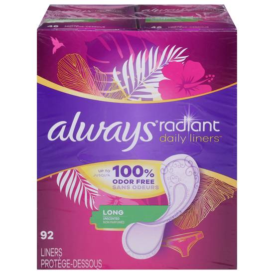 Always Radiant Daily Liners Long Absorbency, Up To 100% Odor-Free (92 ct)