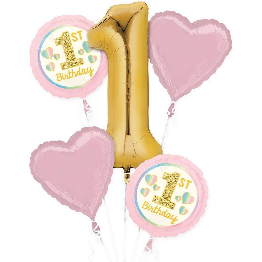 Uninflated Metallic Gold Pink 1st Birthday Balloon Bouquet 5pc