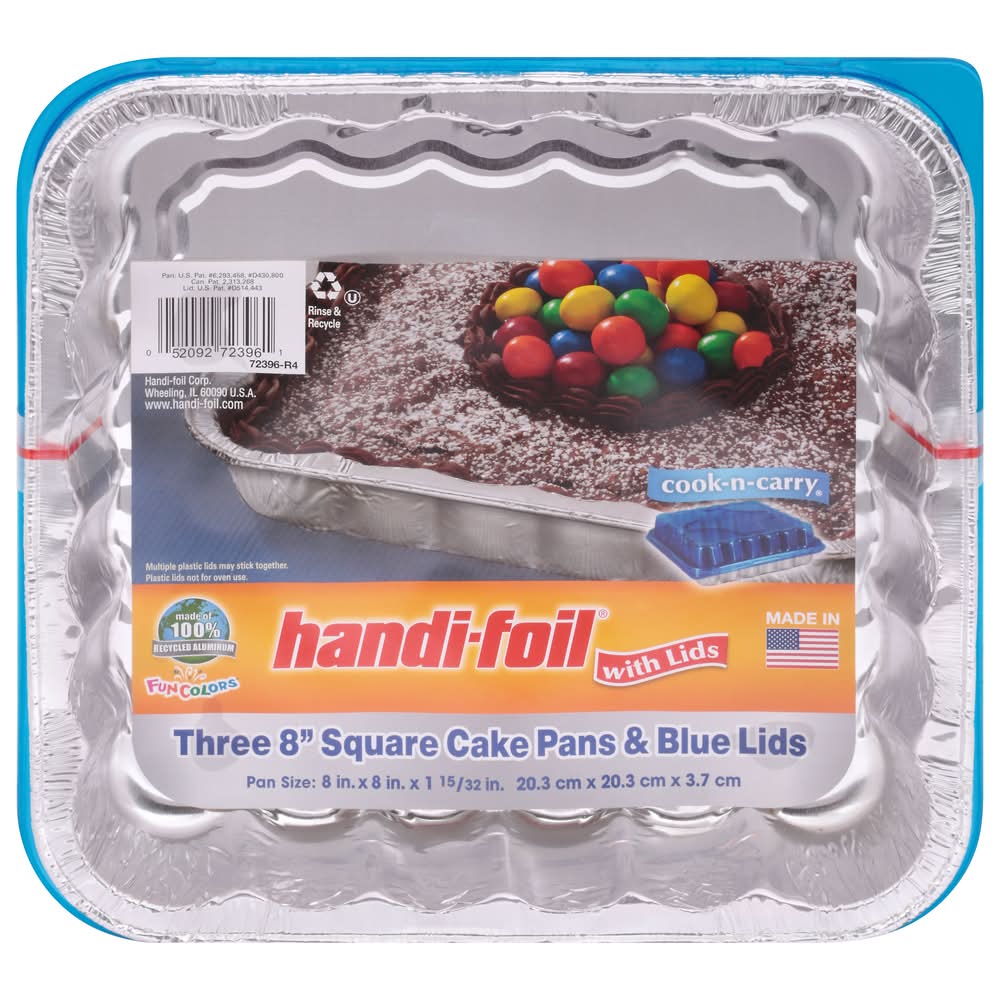 Handi-Foil Tree Square Cake Pans & Blue Lids, 8" X 8" X 1 15/32"
