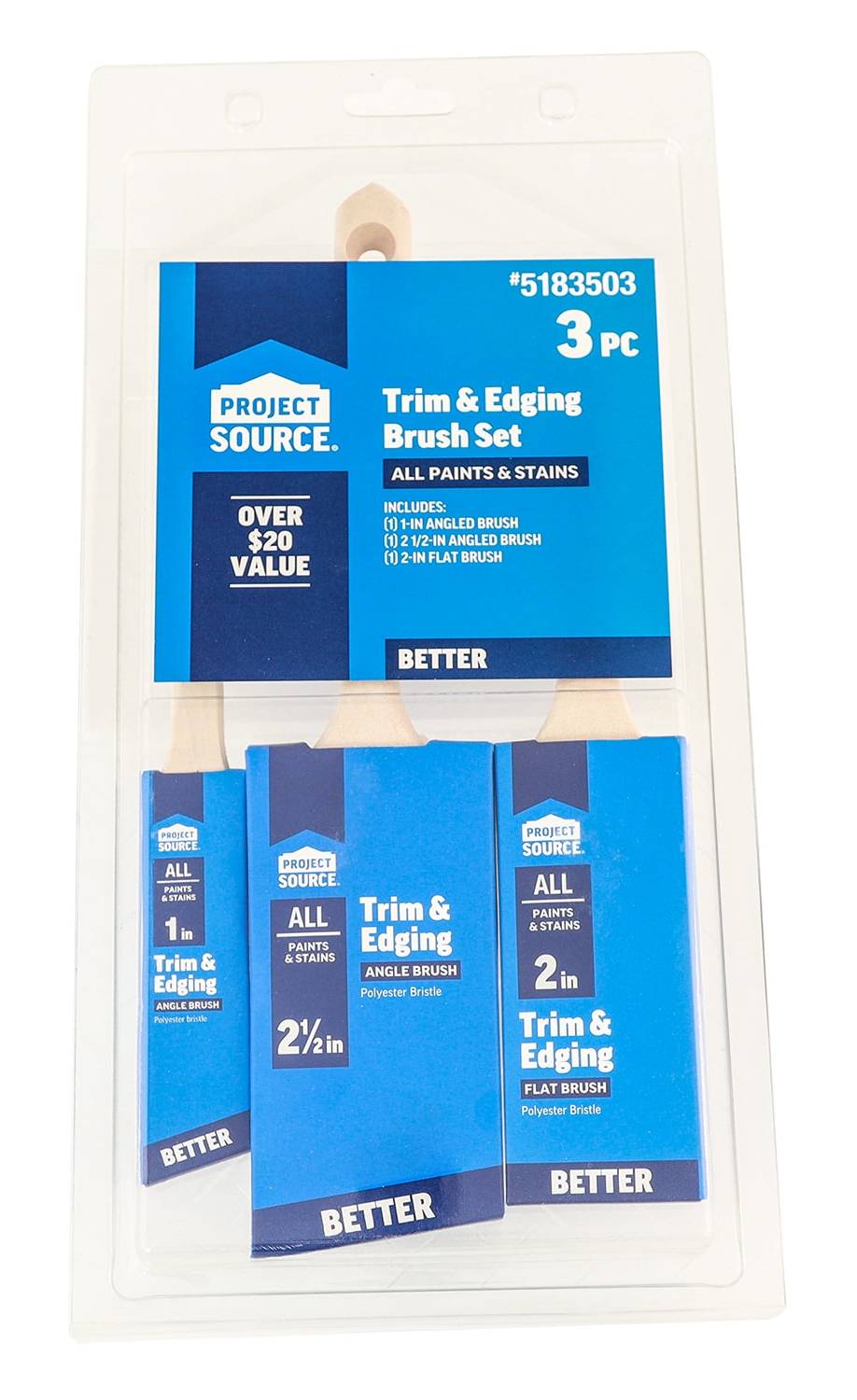 Project Source Better All Paints and Stains Multiple Sizes Reusable Polyester Flat and angle Brush set 3 -Pack | WB00004