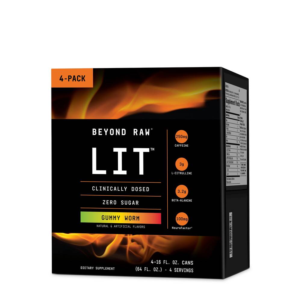 GNC Beyond Raw LIT On-The-Go Pre-Workout, Gummy Worm, 4 - 16OZ Cans