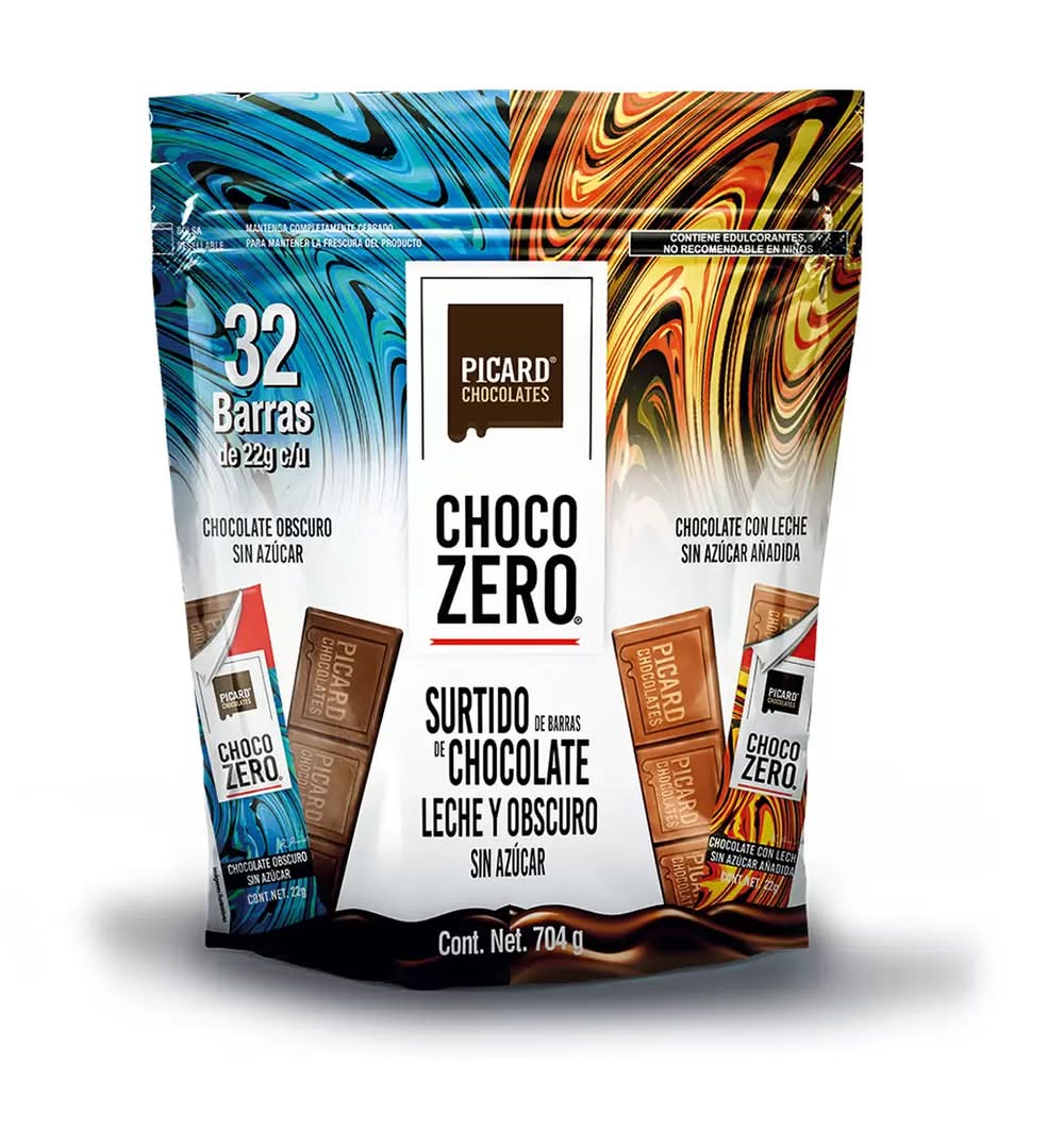 Picard Chocolates · Choco zero surtido de barras de chocolate con leche y obscuro sin azúcar (32 x 22 g)