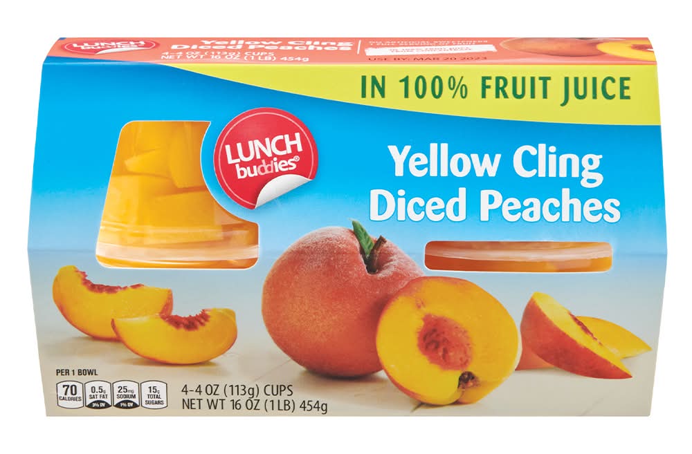 Lunch Buddies Cling Diced Fruit Cups in Juice, Peach, Yellow (16 oz)