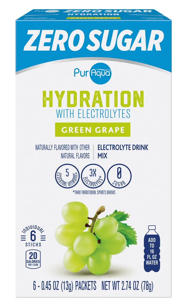 PurAqua Sugar Free Hydration Electrolyte Powdered Drink Mix, Green Grape (6 x 0.45 oz)