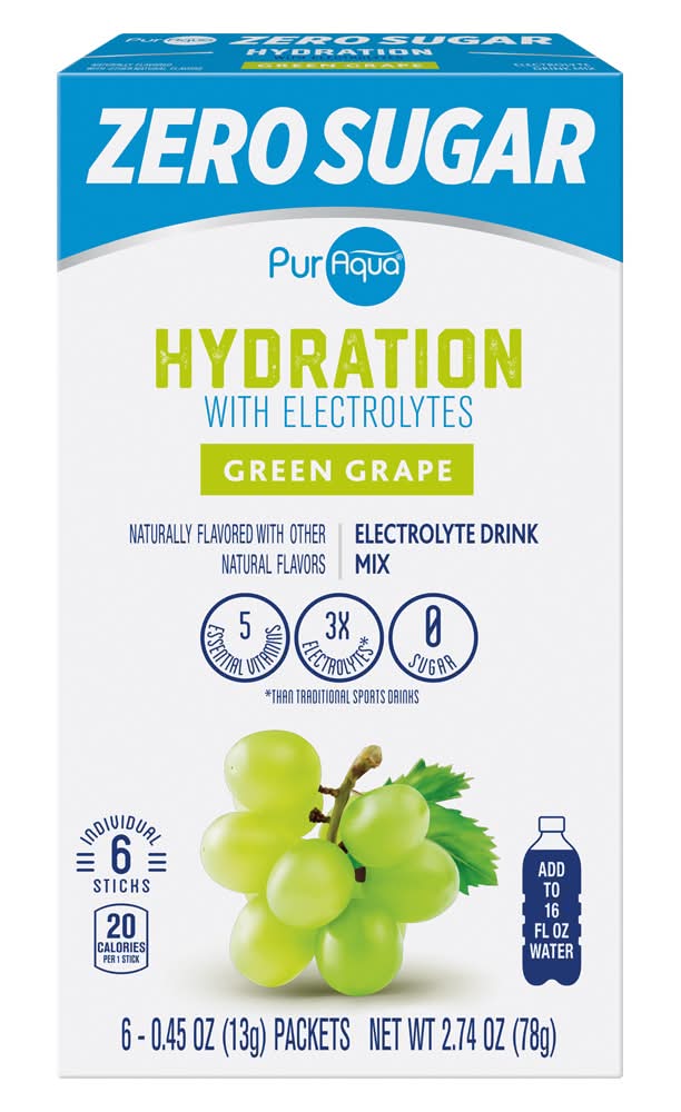 PurAqua Sugar Free Hydration Electrolyte Powdered Drink Mix, Green Grape (6 x 0.45 oz)