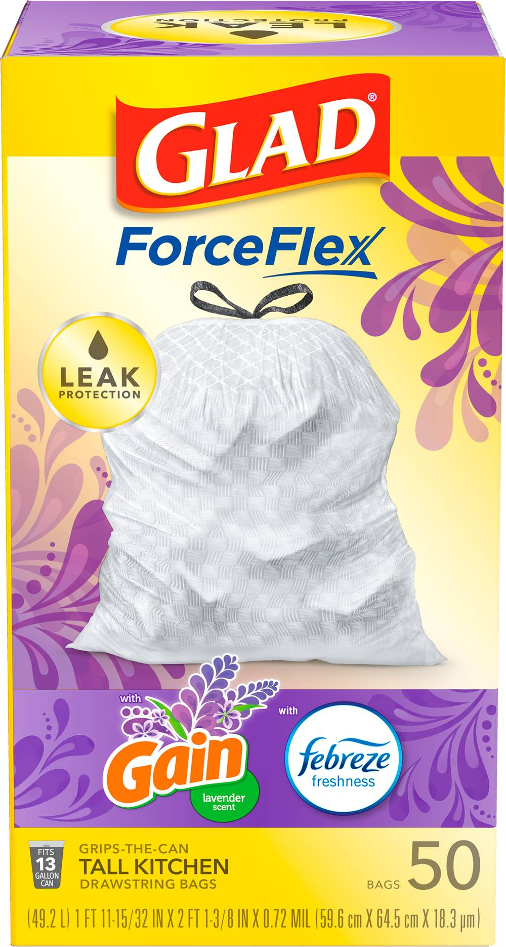 Glad Forceflex Gain Lemon Zest With Febreze Freshness Tall Kitchen Drawstring Trash Bags, 59.6 cm * 64.5 cm * 18.3 cm (50 ct)