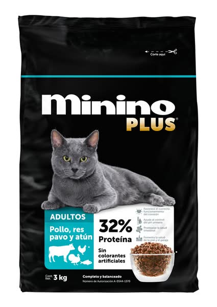 Minino Plus · Alimento seco de res, pollo y pavo para gatos (3 kg)