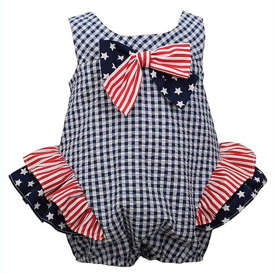 Bonnie Baby Size 6-9M Stars and Stripes Seersecker Check Bubble Romper in Navy