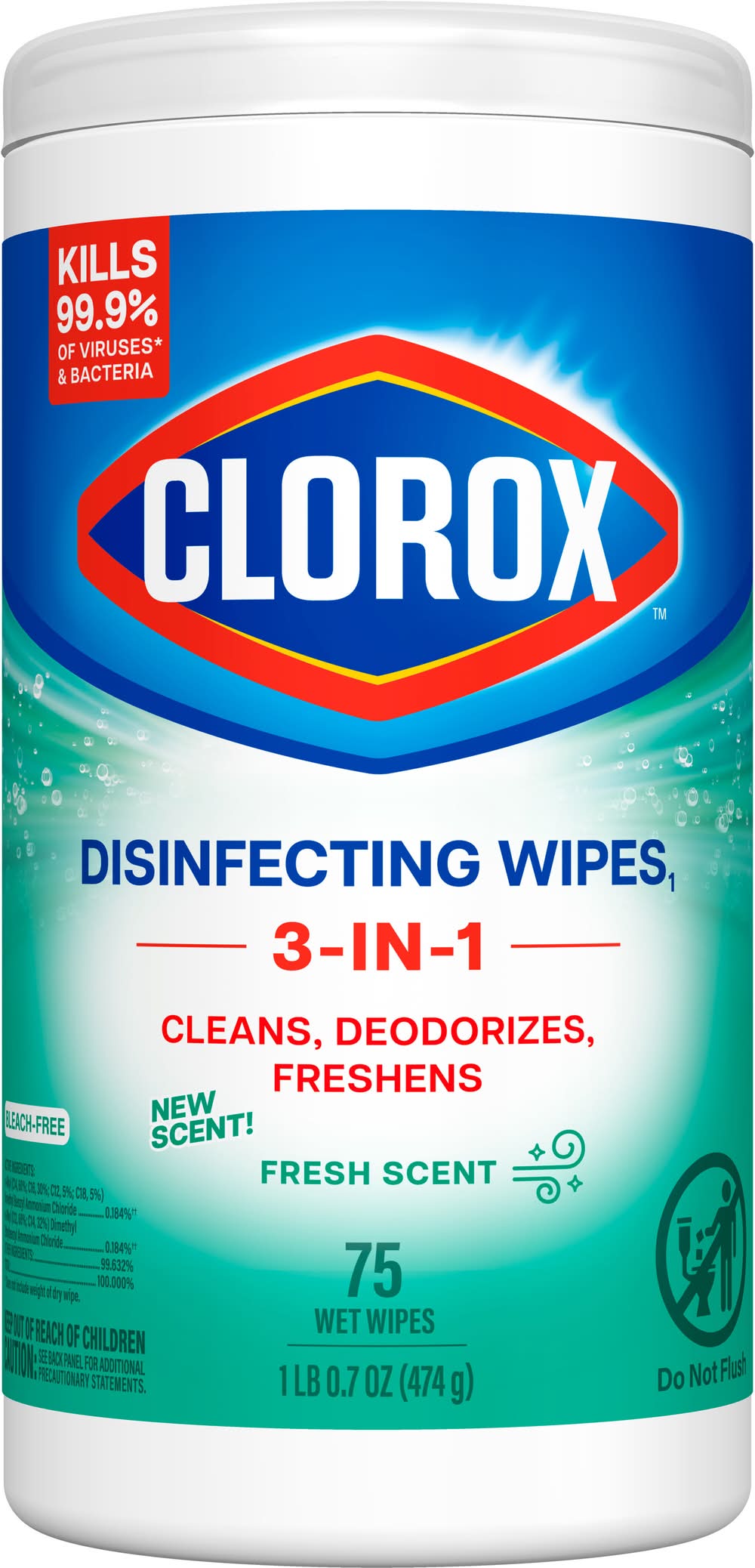 Clorox 3 In 1 Better Cleans Disinfecting Wet Wipes, Fresh (16.7 oz, 75 ct)
