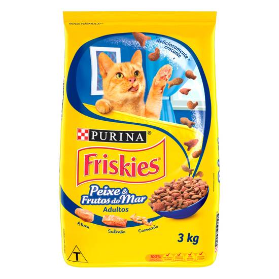 Purina ração seca sabor peixe e frutos do mar friskies para gatos adultos (3 kg)