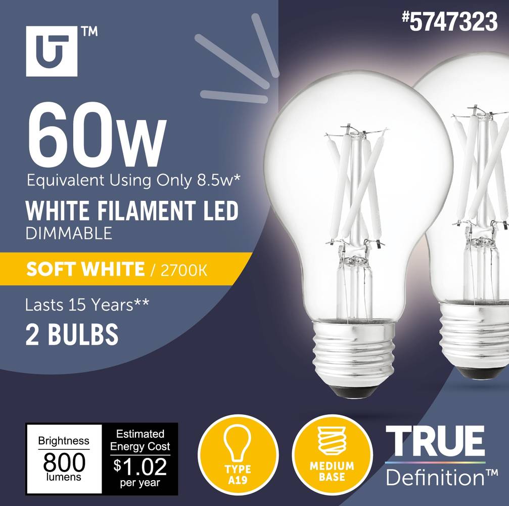 Utilitech LED light bulb 60-Watt EQ A19 Soft White E26 Dimmable LED General Purpose Light Bulb (2-Pack) | 5A19DG8.5WECL27K2P