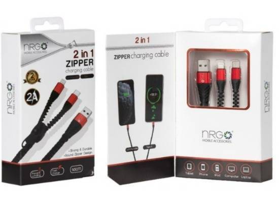 NRG 2 in 1 Zipper USB Charging Cable (Lightning & Type-C)