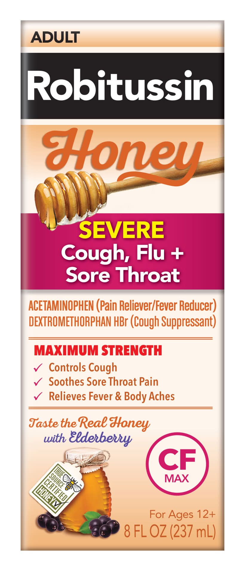 Robitussin Severe Cough Flu + Sore Throat Syrup 12+ Years, Honey-Elderberry (8 fl oz)