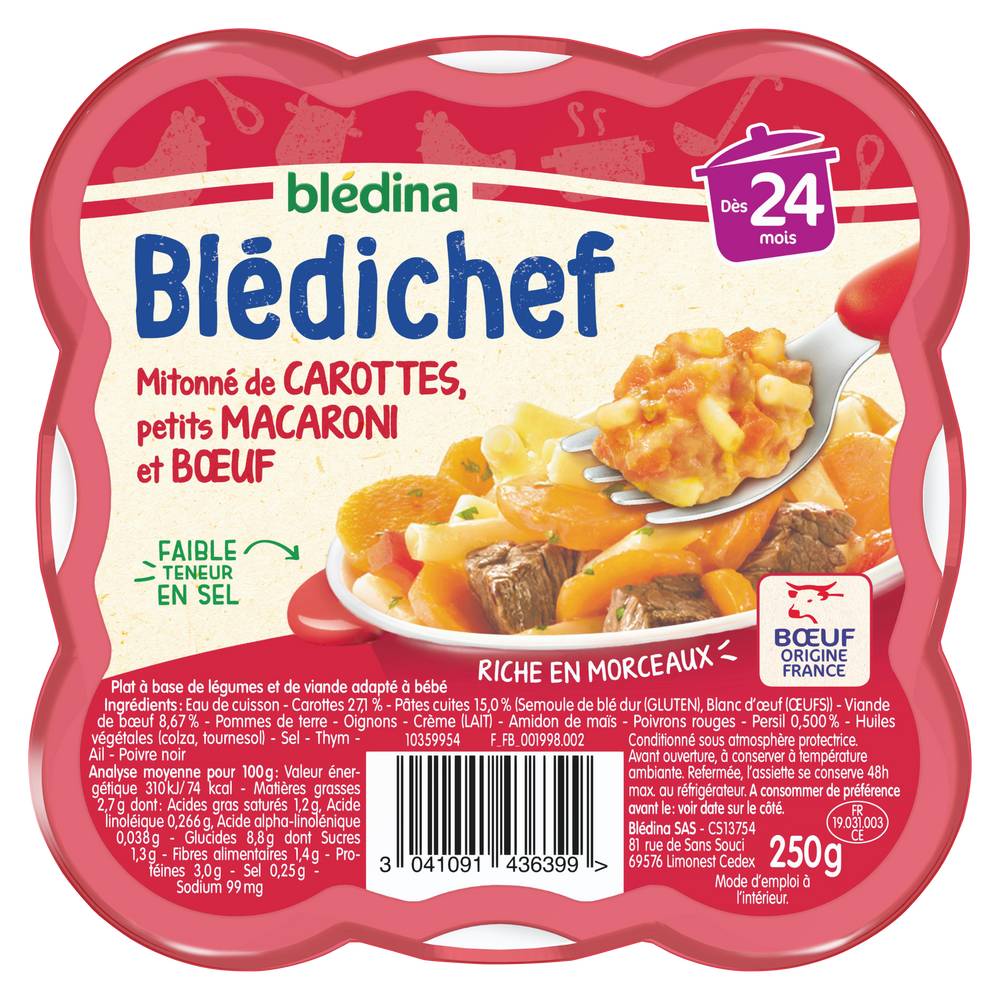 Blédina - Plat bébé carottes et macaroni au boeuf dès 24 mois (250g)