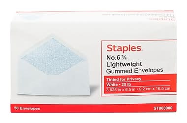 Staples Security Tinted #6 3/4 Business Envelope, 3 5/8 x 6 1/2, White, 50/Pack