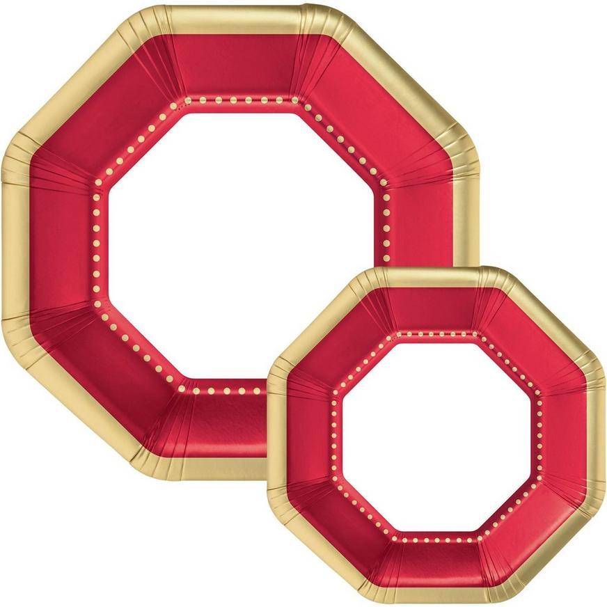 Octoganal Premium Paper Dinner (10.25in) Dessert (7.5in) Plates with Red Gold Border, 20ct