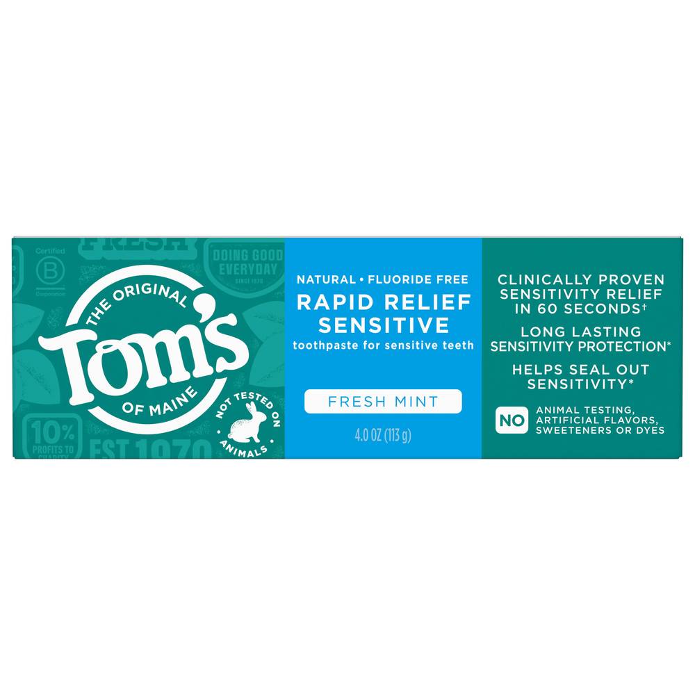 Tom's of Maine Flouride-Free Rapid Relief Sensitive Fresh Mint Toothpaste (4 oz)