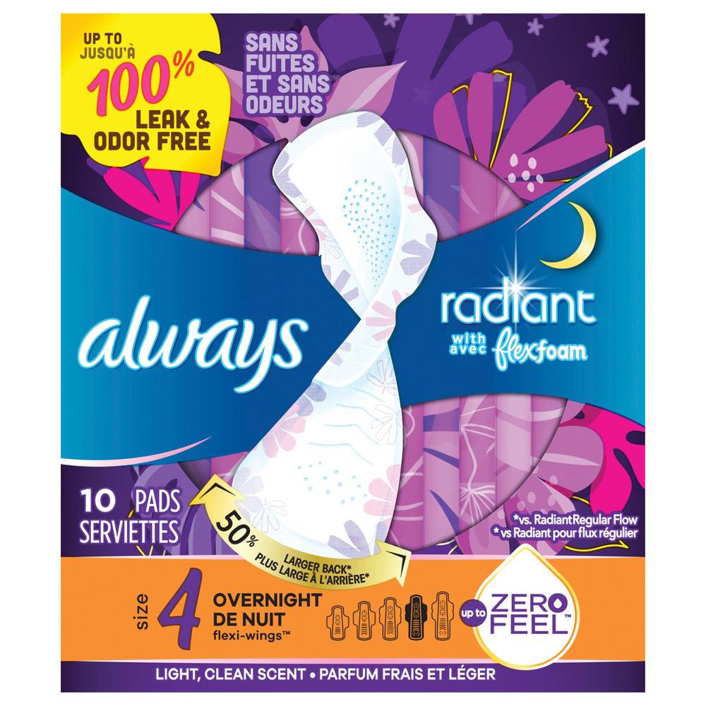 Always Radiant Flexi Foam Wings Overnight Pads, Size 4 (10 ct)