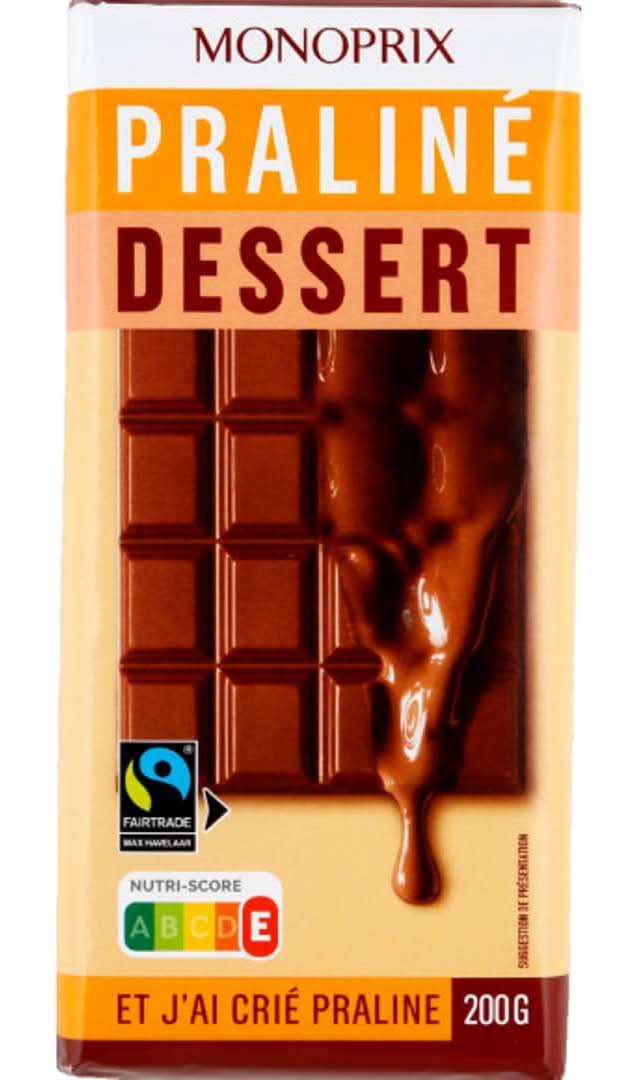 Monoprix - Tablette chocolat dessert praliné, cacao (200g)