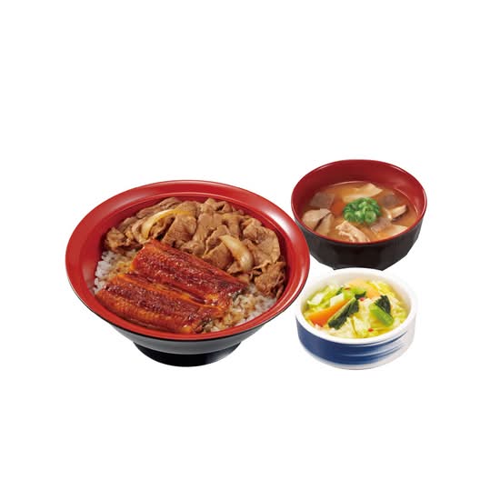 うな牛とん汁おしんこセット Teriyaki Eel Bowl with Beef &  Pork Miso Soup and Pickled Vegies