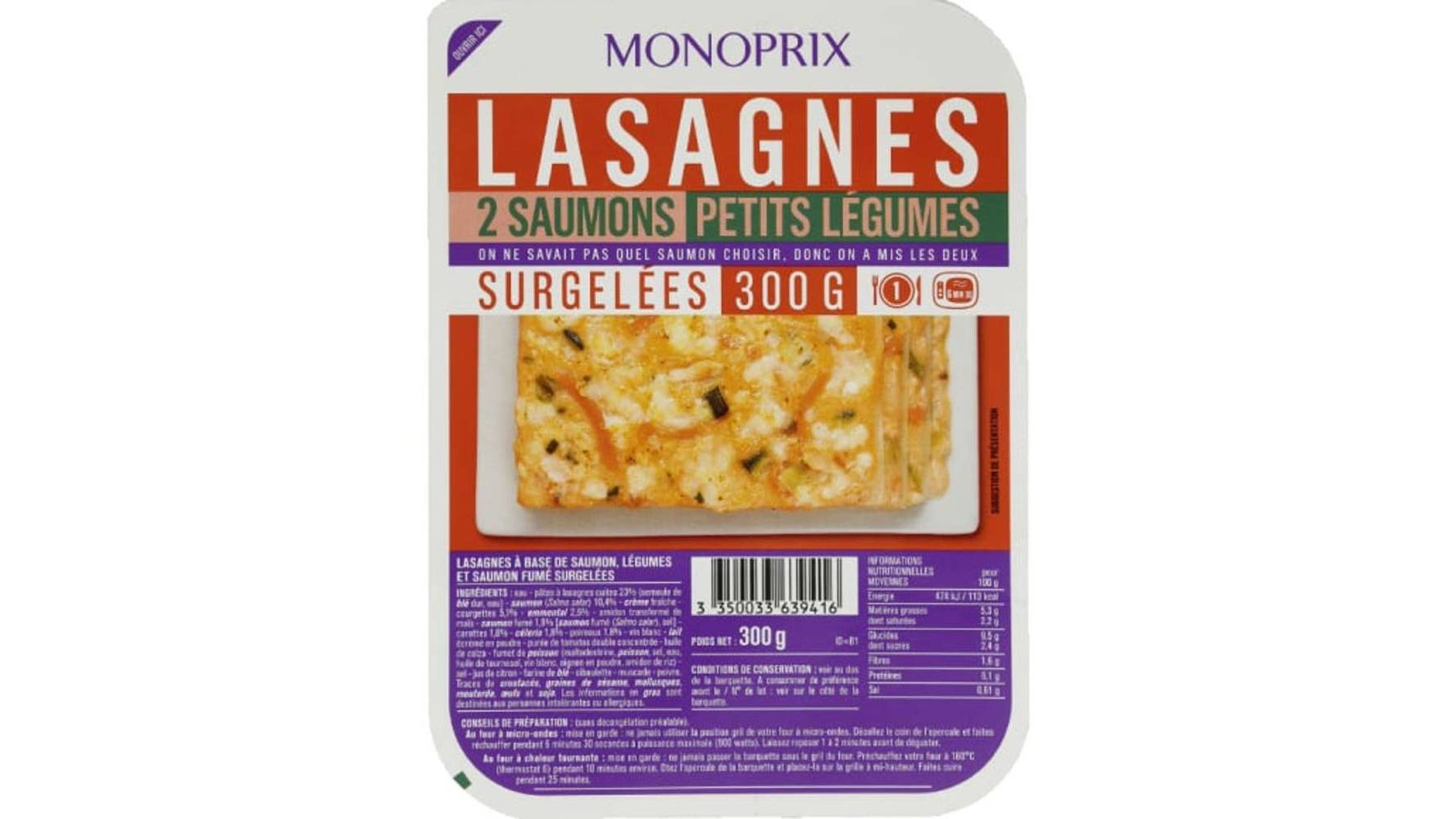Monoprix Lasagnes 2 saumons petits légumes, surgélées La barquette de 300g