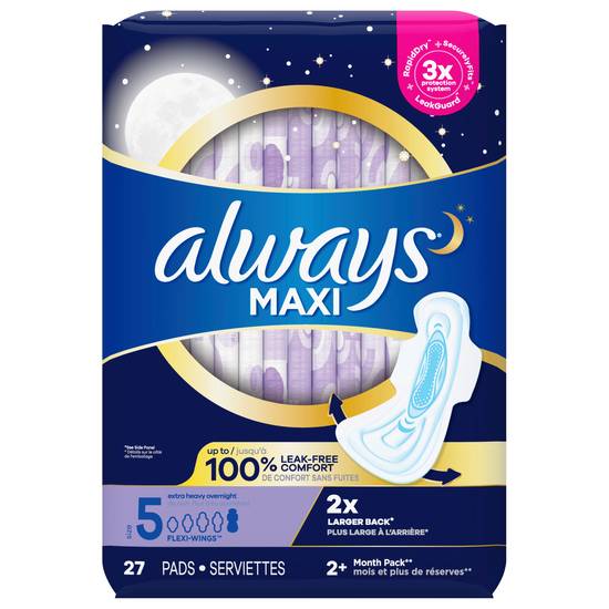Always Maxi Overnight Extra Heavy Flow Jumbo Size Pads (27 ct)