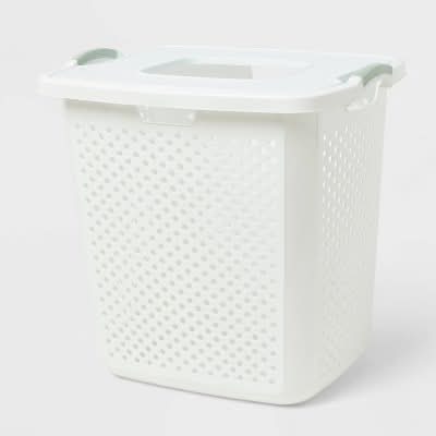 Brightroom Basket Lamper With Lid Daydream Handles 19.5 Gallon, XL, White-Green
