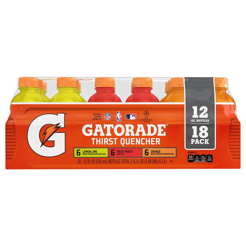 Gatorade Variety pack Thirst Quencher Sports Drink, Lime-Lemon-Fruit Punch-Orange (18 x 12 fl oz)