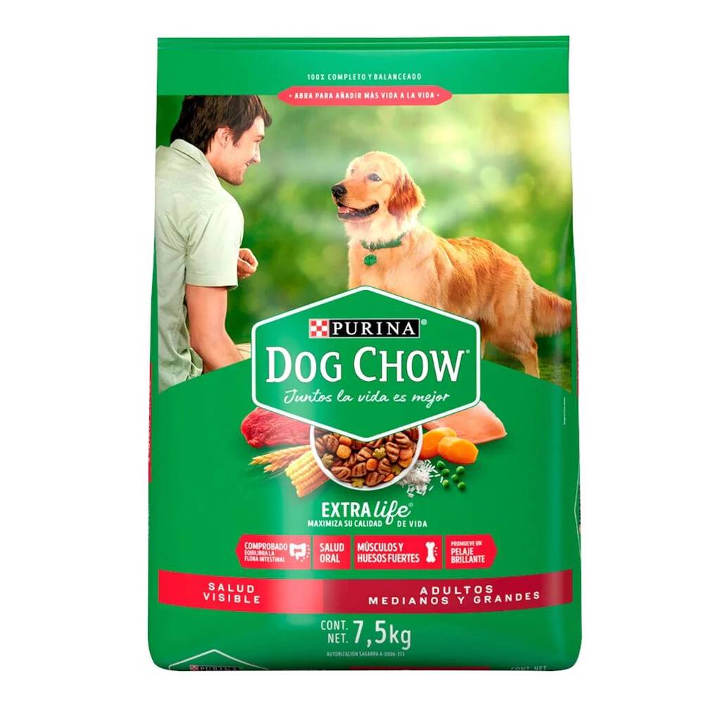 Dog chow alimento para adultos medianos y grandes con extralife (costal 7.5 kg)