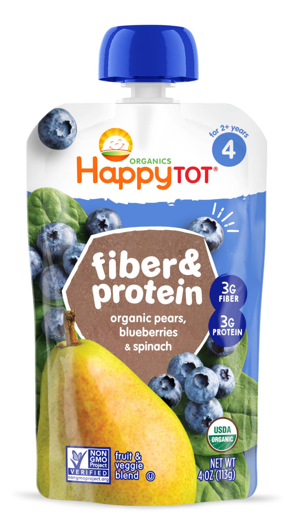 Happy Tot Organic Fiber and Protein, Pears-Blueberries-Spinach (4 oz, 4 ct)