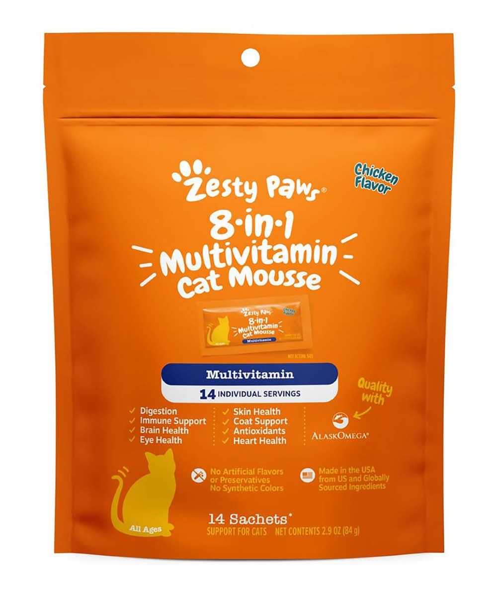Zesty Paws Cat Mousse Supplement - 8-in-1 Multivitamin, Gut & Heart Lickable, Chicken Flavor, 14ct (Size: 14 Count)