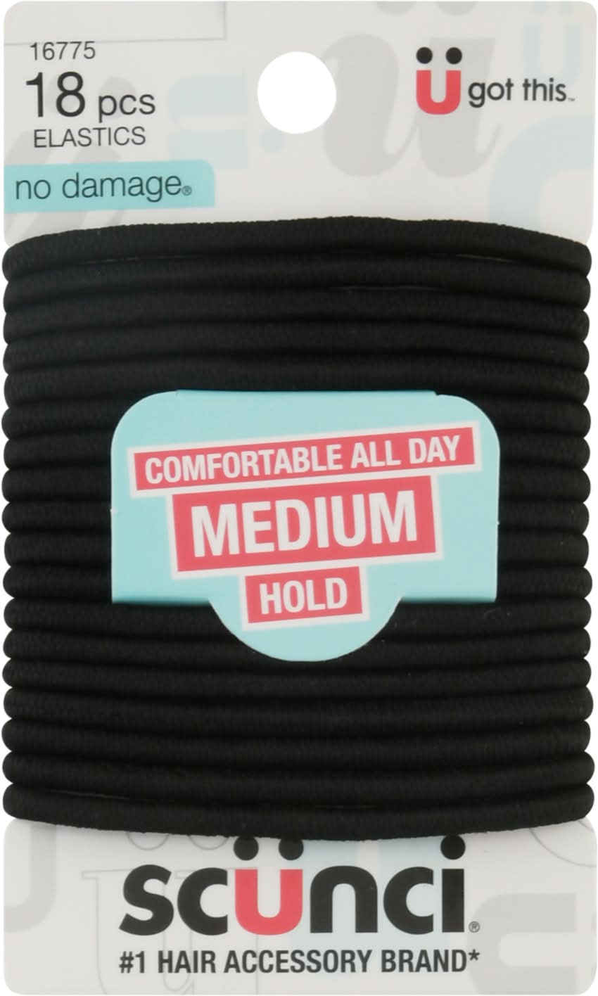 Scunci Comfortable Hold Black Hair Elastics, Medium (1.6 oz, 18 ct)