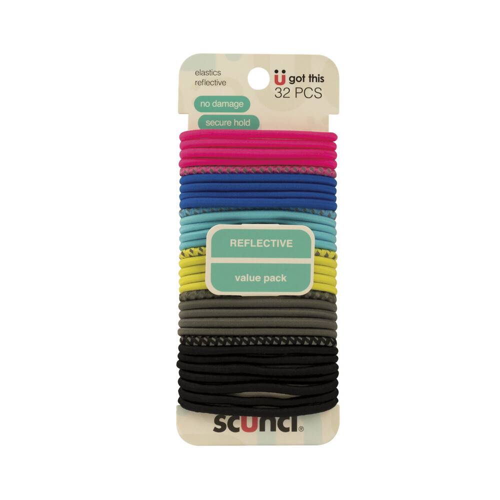 Scunci Active No Damage Reflective Elastics, Black Mixed (32 pack)