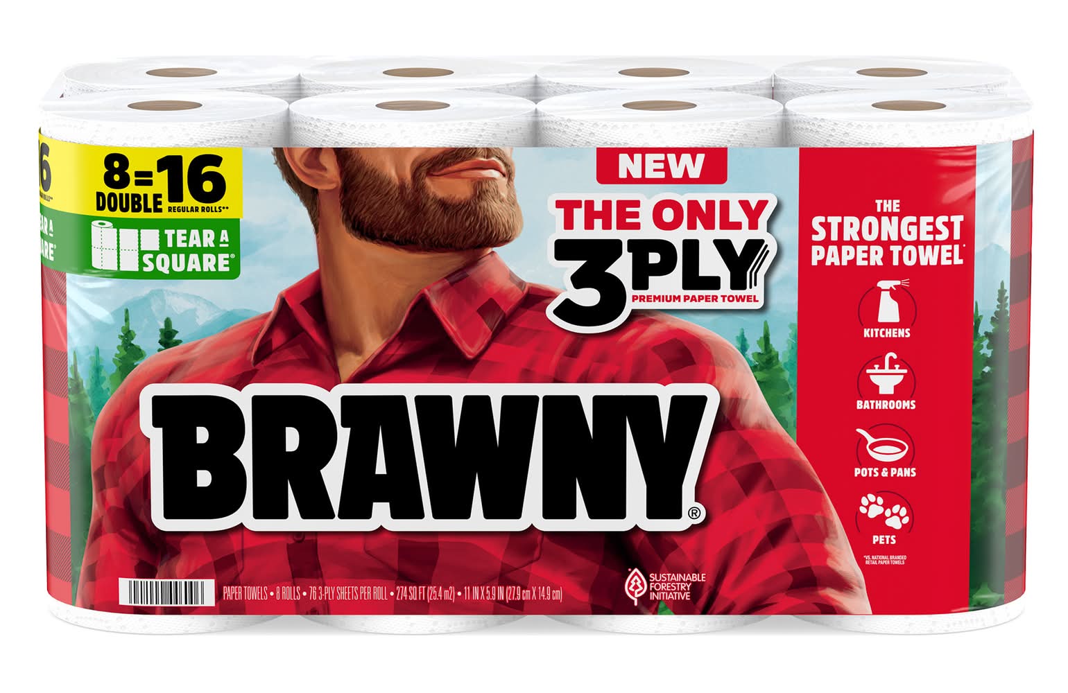 Brawny Tear a Square 3 Ply Paper Towels, 11x5.9 in, White (8 ct)