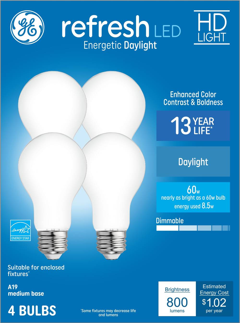 GE Refresh 60-Watt EQ A19 Daylight Medium Base (e-26) Dimmable LED General Purpose Light Bulb (4-Pack) | 44931