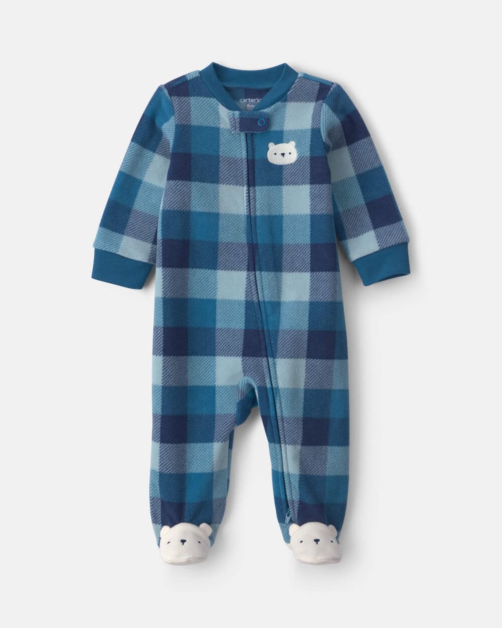 Baby Boy Bear Plaid Fleece 2-Way Zip Sleep & Play Pajamas - Blue - 9M
