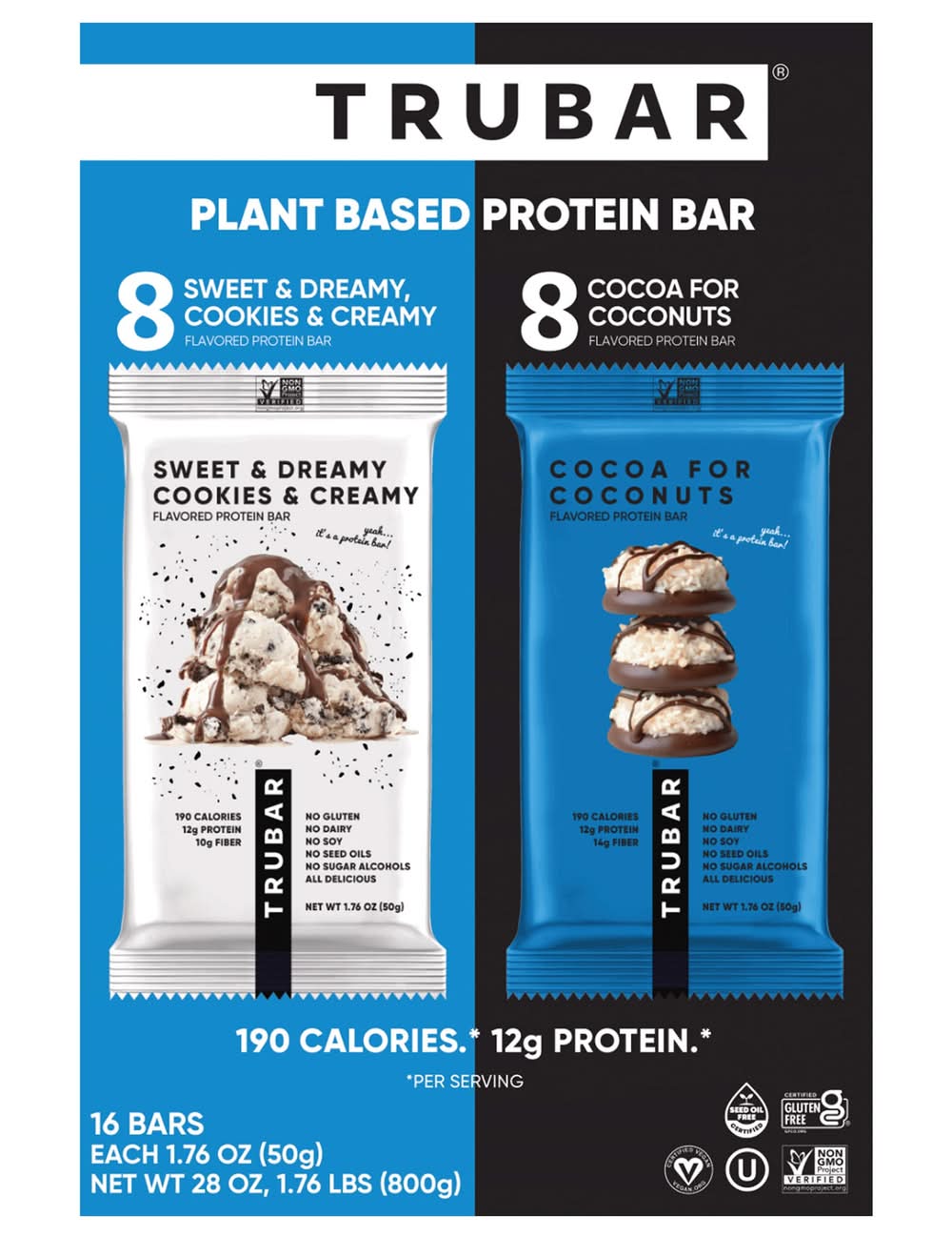 Trubar Plant Based Protein Bar, Variety Pack, 1.76 oz, 16-count