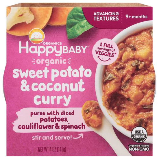 Happy Baby Texture Sweet Potato & Coconut Curry Puree With Diced Potatoes Cauliflower & Spinach