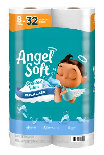 Angel Soft Bathroom Tissue 2-ply Mega Rolls, Fresh Linen, 9.6x10.1 cm (8 ct)